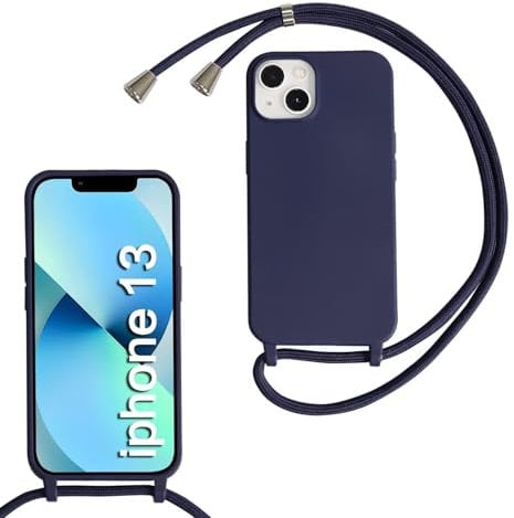 SLWYF Compatible with iPhone 13 Crossbody Lanyard Case, Liquid Silicone Protective Phone Case with Strap Adjustable Neck Cord Necklace Soft Cover for iPhone 13, Navy blue
