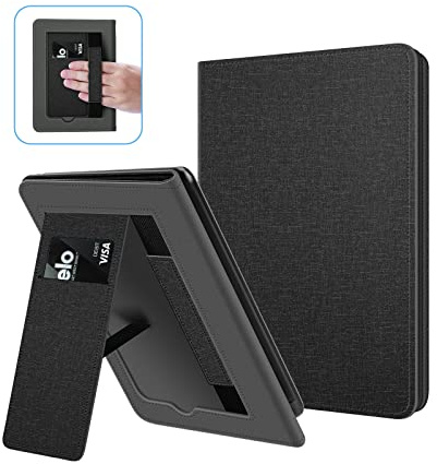 Ayotu Custodia con Supporto per 6 Nuovo Kindle 11ª Generazione 2024/2022 (Modello: RS23CV/C2V2L3), Custodia in Pelle PU con Cinturino da Polso, Nero
