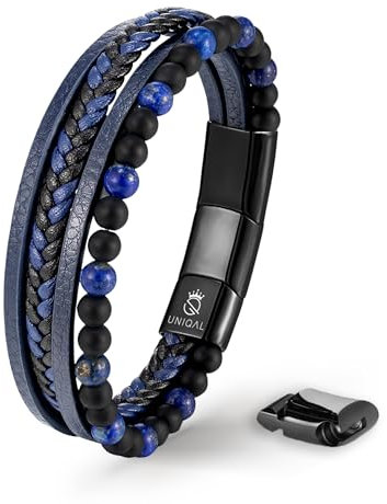 UNIQAL | Echtleder Armband Herren mit Natursteinen FANCY Mens nature stone Bracelet | Edelstahl, Männer | Etui Box Gratis (BLAU LAPIS LAZULI, 19)