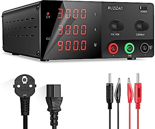 RUZIZAO Fuente de Alimentación Regulable 30V 30A 900W, Alta Potencia Fuente de Alimentación Laboratorio de Banco con Mando Codificador, Fuente de Alimentación de CC con Pantalla LED de 4 Dígitos