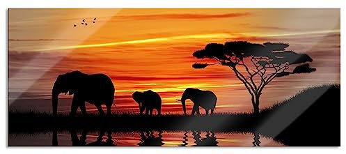 Pixxprint Glasbild Panorama, Wandbild aus Echtglas, Afrika Elefant in Sonnenschein, 120x50 cm, inkl. Aufhängung und Abstandshalter