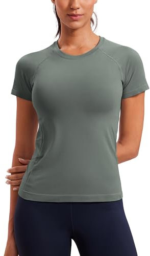 CRZ YOGA Damen Sport T-Shirt Nahtlos Atmungsaktiv Shirts Sportshirt Laufshirt Gym Workout Kurzarm Shirt Grauer Salbei 38