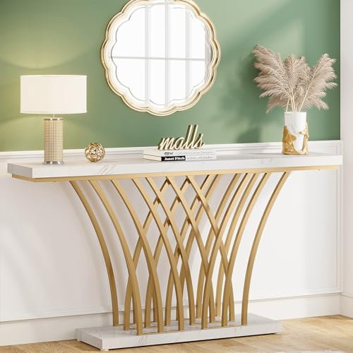 Tribesigns Table Console dorée - 150 x 29,5 x 80 cm - Moderne - avec Pied en métal en Forme de Grille - pour entrée, Couloir, entrée, Salon (Blanc)
