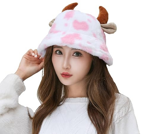 BSYLOO Funky Fuzzy Cow Print Bucket Hat with Plush Horns - Perfect for Women and Girls!, Pink, S/XL