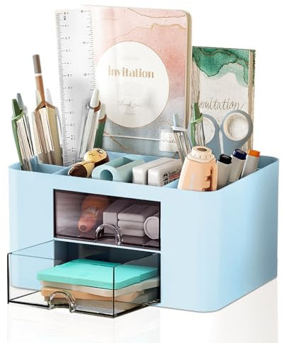 Ceysin Schreibtisch Organizer, 5 Fächer Plastik Büro-Organizer mit 2 Schublade, Multifunktionaler Stifte Organizer, Stifteköcher für Büro Zuhause Schule - Blau