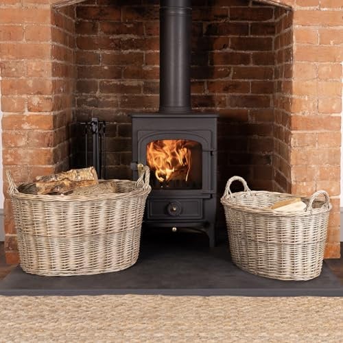 CHARLES BENTLEY Log Basket, Snug, Set Of Two, Oval, Wicker, Storage, Handmade, Nesting Handles, Carry Handles, Stackable, Aesthetic, Traditional, Modern Fireplace (60x45x34cm)
