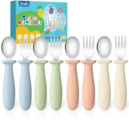 DRKIO 8 Pieces Toddler Utensils Set - Kids Silverware Set with Silicone Handle Children Safe 18/8 Stainless Steel Forks and Spoons Anti-Choke Design Food Grade Dishwasher Safe