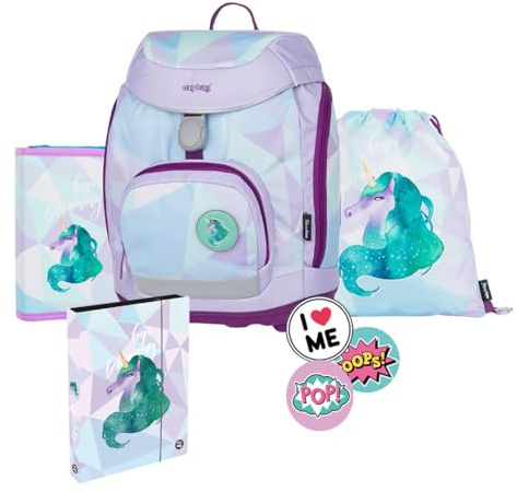OXY BAG Sherpy Schulranzen set für Kinder 1.–3. Klasse | Anatomisch Geformter Rucksack mit Federmappe, Turnbeutel & Austauschbaren Patches | 5tlg, 26L, 950g, Polyester | Mit Reflektierenden Elementen