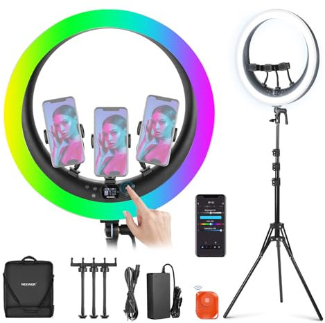 NEEWER 19 RGB Ringlicht LED Ring Light mit Ständer 3 Telefonhalterungen Touchpanel 2,4G/App Steuerung 42W CRI97+ 2800Lux/0,5m 360° Farbton dimmbar Profi Leuchte für Make up Live Streaming Zoom RP19C