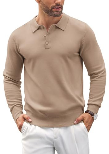 COOFANDY Mens Polo Jumper Long Sleeve Poloshirts Knitted Sweater Basic Sweatshirts Solid Color Pullover Khaki M