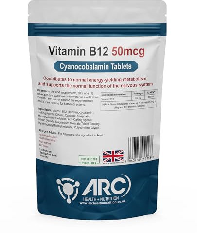 Cyanocobalamin Vitamin B12 50mcg 365 Tablets - Suitable for Vegans & Vegetarians - Combat Fatigue & Tiredness - for Men & Women - Made in UK