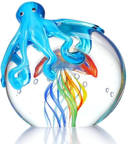 HDCRYSTALGIFTS 12,7 cm - Pieuvre et méduse colorées - Figurines de collection faites à la main - Presse-papier en verre - Sculpture d'animaux marins - Sculpture pour la maison et l'aquarium - Cadeau -