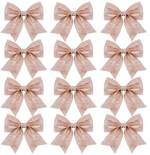 SULOLI 12 Stück Weihnachtsschleifen,Glitzer Weihnachten Bogen Dekorationen,Rosa Weihnachtsbaum Bogen für Weihnachtsbaum Weihnachtskranz Tannenbaum Weihnachtsdeko