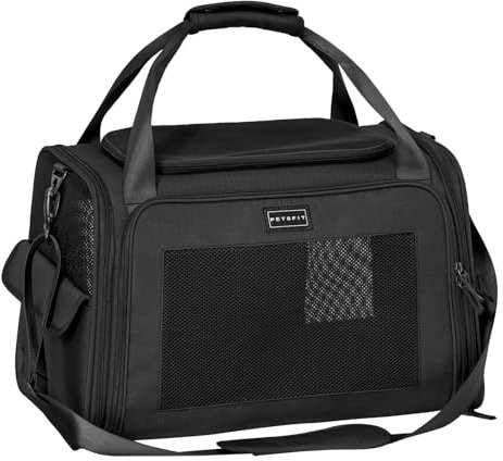 Petsfit Transportbox Hund Katze Faltbar Hundetasche für kleine Hunde Katzen Tragetasche mit verstellbarem Schultergurt & weiches expandierbare Kissen, M/Schwarz