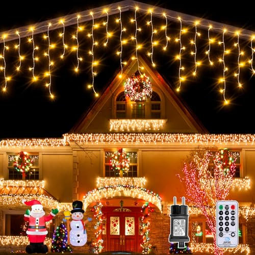Auriostar Eisregen Lichterkette Außen, 7.5M 306 LED Lichterkette Außen Warmweiß Strom mit Timer 8 Modi, IP44 Wasserdicht Weihnachtsbeleuchtung Außen für Balkon Fenster Haus Weihnachtsdeko Aussen