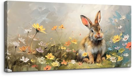MHARTK66 Hase Wildblumen Leinwand Bilder, 50x100 cm Groß Wandbilder Wohnzimmer Frühling Bild Aesthetic, Modern Wanddeko Kunstdruck Schlafzimmer Badezimmer Büro Esszimmer Küche