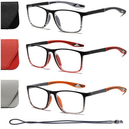 Hubeye TR90 Sports Reading Glasses for Men and Women Square Comfortable Flexible Blue Light Blocking Computer Reader (Striped Gray+Striped Red+Striped Orange, 2.50)