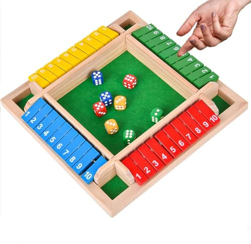 SUpoetry Shut The Box Spiel Spielbrett Mit 8 Würfeln, Klassisches Würfelspiel Aus Holz, Shut The Box Spiel 4-Spieler, Klappenspiel Vierfarbig Natur Holz, Für Klassenzimmer, Zuhause, Party (Farbe)