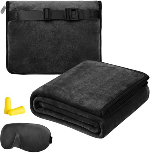 Reisedecke Flugzeug,Verwandlungskissen 2 in 1,127x152cm Reisedecke Ultraleicht Warm,Reise Gadgets mit Schlafmaske und Ohrstöpsel,Tragbare Verwandlungskissen für Geschäftsreisen,Büros, Reisen(Schwarz)