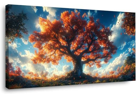 BOHUO Orange, blanc Tableau arbre de vie Impression sur toile moderne grand, Abstrait d’automne XXL Affiche Poster Murale Tableaux pour salon d'art mural-60x120cm Encadrée
