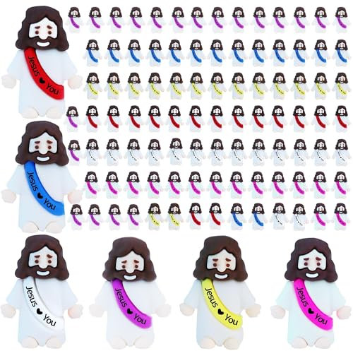 ILHSTY Kleine Jesus-Figuren – Mini-Jesus-Figuren aus Gummi, Jesus liebt dich, für Ostereier-Füller, Eiersuche, religiöse Partygeschenke, Verstecken, Taufgeschenke, Sonntagsschule, 100 Stück, 6 Farben
