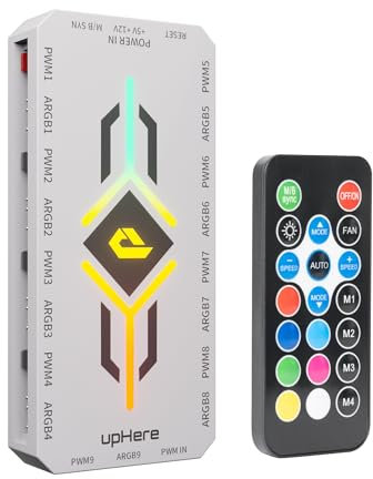 upHere 2 in 1 ARGB Fan Hub con Controller, 9 connettori per ventole PWM a 4 Pin, 9 porte ARGB 5V 3 Pin, Base Magnetica, Hub Ventole PC RGB con velocità regolabile, Bianco