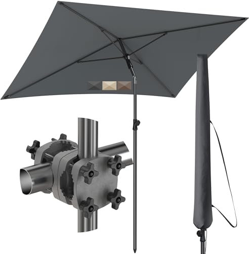 4smile Sonnenschirm Balkon SunnyShade, Sonnnenschutz Balkon SET 3-in-1, Anthrazit - UV50+ SunnyGuy Sonnenschirm rechteckig 200 x 125 cm + Sonnenschirmhalter Balkongeländer + Sonnenschirmhülle
