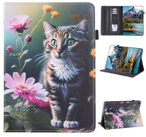 Rosbtib Case for Samsung Galaxy Tab A 10.1 Inch SM-T515/T510 Flowers & cat | 2019 Model PU Leather Flip Cover with Multi-Angle Viewing Angles & Card Holder & Elastic Band