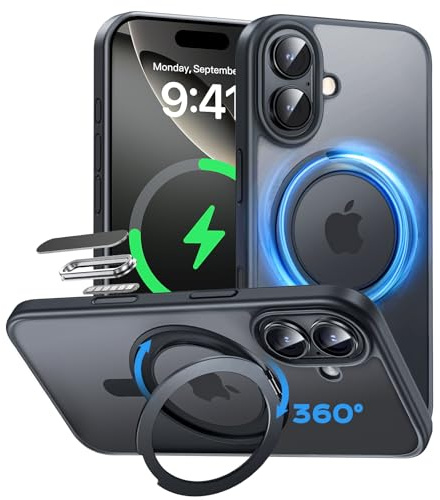 MAGIC JOHN für iPhone 16 Hülle [Kompatibel mit Magnetic] mit 360° Magnetständer Handyhülle iPhone 16 Case Fallschutz mit Stoßdämpfung, Kratzfest, Stoßfest, Schwarz