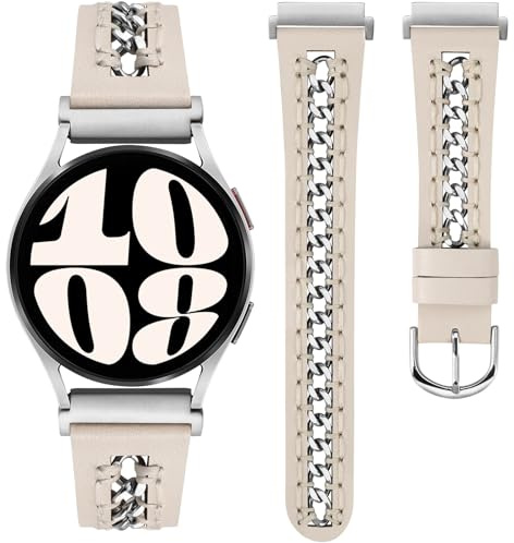 TOYOUTHS Lederarmband kompatibel mit Samsung Galaxy Watch 7/6/5/4/FE/Active 2 40mm 44mm/Watch 6 Classic 43/47mm/Watch 5 Pro 45mm Armband, 20mm Dressy Leder Armbänder mit Edelstahl Metallkette Damen