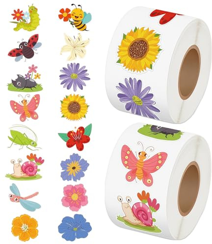 Sticker Blumen Rolle, 1000 Stück, Insekten & Schmetterling Aufkleber | Stickerrolle für Kinder, Für Klassenraum, Geschenke & Geburtstage, Belohnung für Schüler, Für Lehrer & Eltern