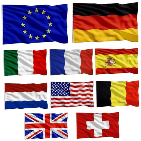 Bandiere del mondo, 10 pezzi/set 3x5Ft bandiere nazionali tra cui l'Unione Europea e le principali nazioni, set di impermeabili resistenti allo sbiadimento vivido per esposizione esterna