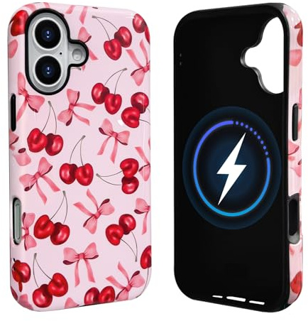NITITOP Compatible with iPhone 16 Plus Case Cute Magnetic Compatible with MagSafe Aesthetic Cherry Bow Ribbon Pattern Women Girls Hybrid 2 Layers Back Shockproof Protective Cover - Glossy