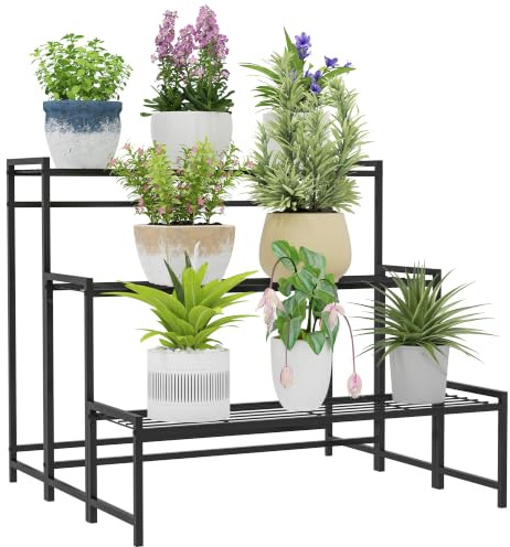 Outsunny Étagère à Fleurs en métal 3 Niveaux Jardin 75 x 70 x 66 cm Noir | Intérieur et Extérieur, Support de Plantes en Échelle, Étagère à Plantes, Balcon, Salon