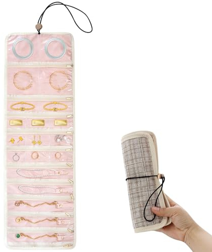 Mythlon Trousse à Bijoux de Voyage Organisateur Rouleau Pliable Rangement pour Colliers Boucles d'Oreilles Bagues, Grande Capacité Anti-Emmêlement, Pochette Tissu Beige Élégant et PVC Transparent