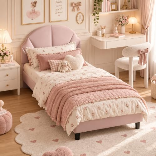 QLTXYHML Lit Enfant 90×200 cm Velours Rose – Cadre de lit rembourré tête de lit Confort, sommier à Lattes Inclus, lit Simple 1 Place pour Chambre Fille (Rose, 90x200)
