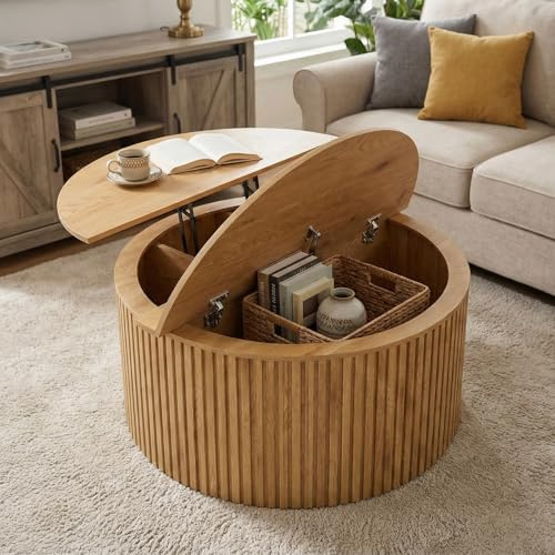 Round Coffee Table 88cm Wooden Small Lift Top Design with Hidden Storage | Space Saving Modern Furniture for Living Room Lounge Home Apartment Small Space (Round Natural)