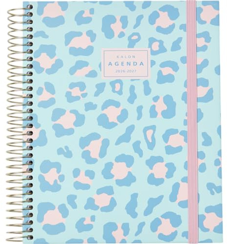 Q Kalon - Schulagenda 2026 2027 - September bis Juni, Wochenübersicht, A5 (15x21 cm), SPA/ENG/FRA/DEU, Hardcover, Spiralbindung, Gummiband, Mit Stickern - Savanna