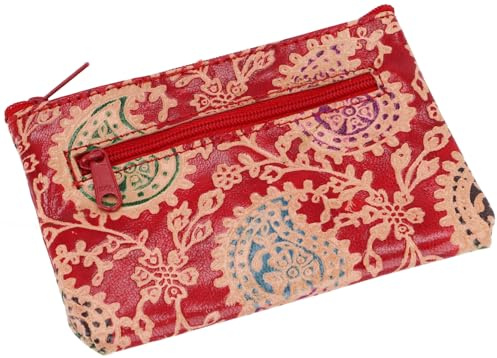 Kleiner Geldbeutel aus geprägtem Leder, Utensilo, praktisch, rot/bunt | Hochwertiges 100% Leder, zwei Reißverschlussfächer, ideal für Tagesgeld und wichtige Kleinigkeiten.