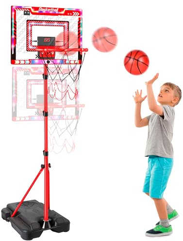 JONRRYIN Basketballkorb für Kinder, Höhenverstellbar 105-183cm, Kinderspielzeug Basketball Hoop mit 5 Ball, Basketball Korb mit Anzeigetafel, Lichter, Indoor Outdoor Spielzeug für Jungen Mädchen