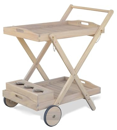KHG Servierwagen aus Akazie-Massivholz in Teak-Optik Hellbraun auf Rollen, 2 Ablagen inkl. Flaschenhalter wetterfest 55x82x79 cm