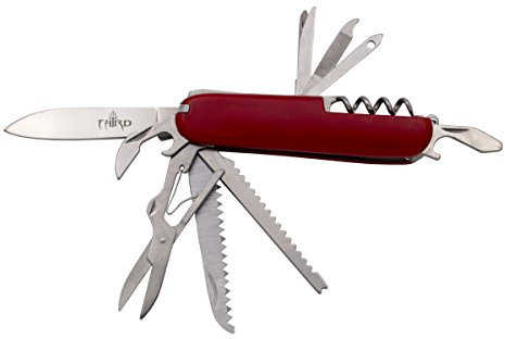 THIRD Multifunktionsmesser 55011 roter ABS-Griff mit 6,6 cm Edelstahlklinge, 11 Funktionen. Mit Nylonbezug.