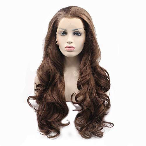 Xiweiya Brown Wig, Synthetic Lace Front Wig, Heat Resistant, Wavy, 24 Long, Medium Cap Size