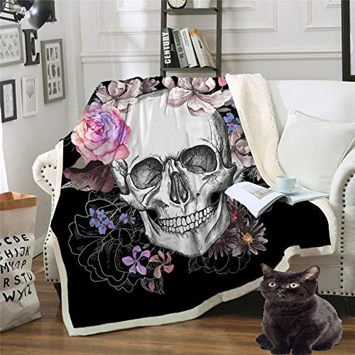 Totenkopf Blumen Wohndecken Kuscheldecken Tagesdecke Fleecedecke Sofadecke Schlafdecke Kuschelige Decke für Kinder und Erwachsene Schwarz 150x200cm