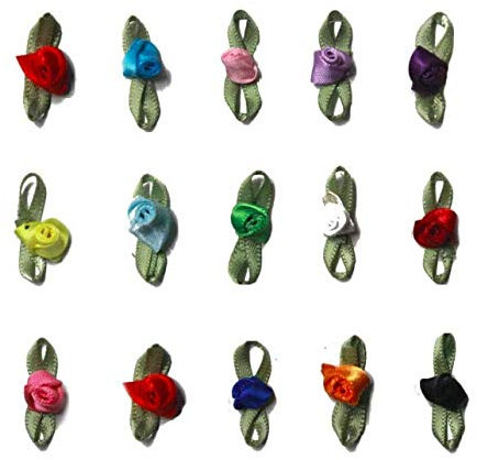 10 PK Small Mini Satin Ribbon Rose Buds Leaves Leaf Flowers Embellishment Sew on (Type 2) UK Accessories Attic® (Hot Pink)