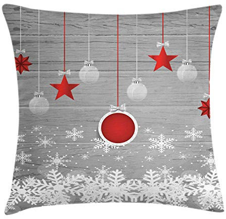 ABAKUHAUS Weihnachten Kissenbezug, Sterne-Flitter Schnee, Dekokissenhüllen Waschbar Inn/Outdoor Beidseitiger Druck mit Reißverschluß, 50 x 50 cm, Weiß Grau Rot