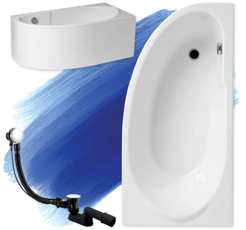 BADLAND Badewanne Original Weiß Acryl Wanne Eckbadewanne MIKI 140x70 Rechts KOMPLETTSET SET mit Weiß Acrylschürze + Füßen und Exklusive Chrom Automatik Ablaufgarnitur Made in EU 4in1