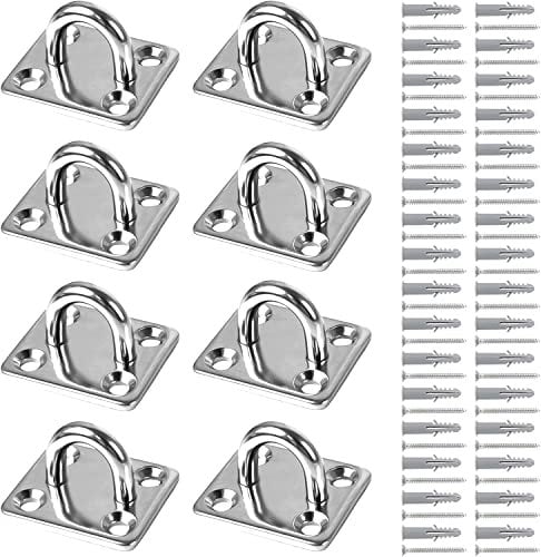 Jubaopen 8 PCS M6 304 Stainless Steel Oblong Pad Eye Plate Marine Staple Hook Loop Hardware Metal Staple Hooks Stainless Steel with 32 Set Screws and Plugs for Swing Hammock Boat Splint