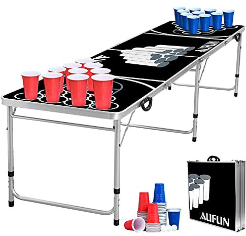 NAIZY Juego de Beer Pong para Fiestas Juegos de Mesa con 100 Vasos (50 Rojos y 50 Azules), 5 Pelotas, Premium Ajustable en Altura de Aluminio y MDF - 242 x 62 cm Negro