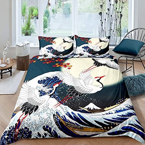 Homemissing Japanese Ukiyoe Duvet Cover Hokusai Japanese-Style Bedding Set For Kids Adults Exotic Style Wave Bird Bedspread Cover Ultra Soft Double Bedclothes Zipper